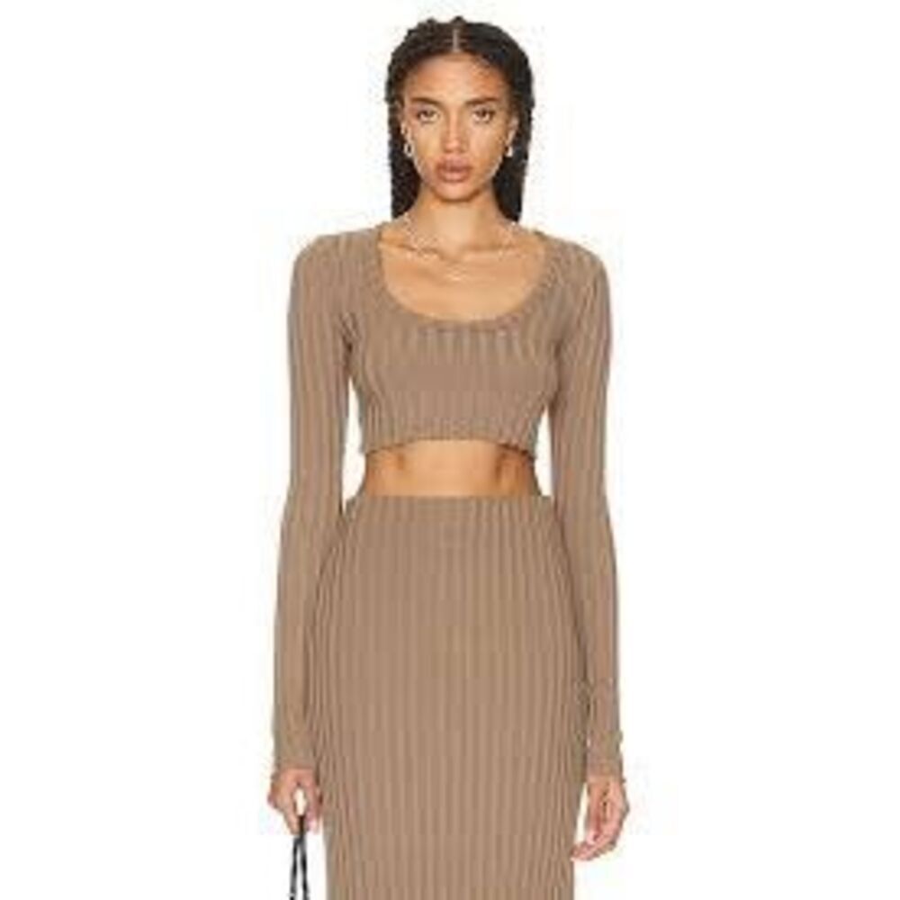 Cotton Citizen Size L Capri Long Sleeve Top Taupe Tan Ribbed Minimalist NEW